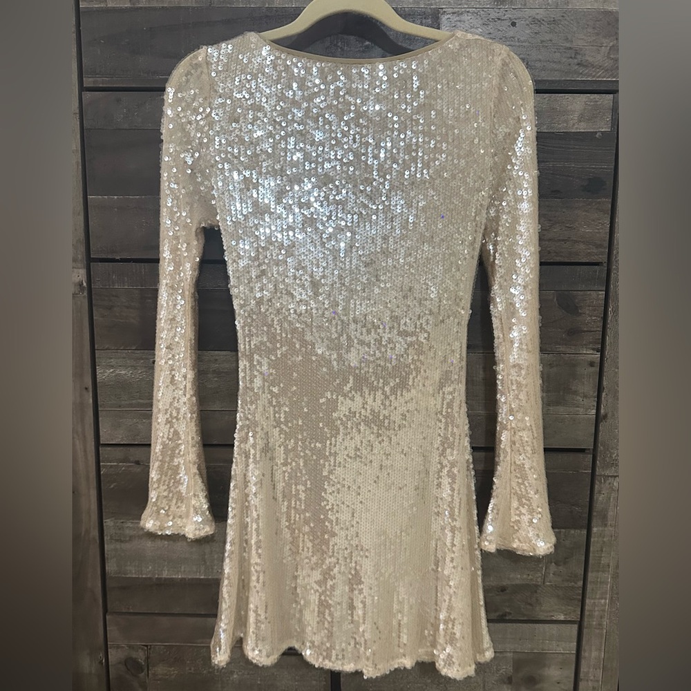 Rare London Cream Sequin Long Sleeve Dress